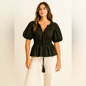 ANTHRO MOON RIVER Black Puff Sleeve Tassel Tie Top Womens M Boho Feminine Retro